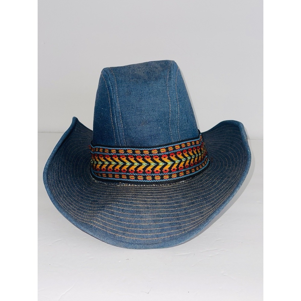 Vintage Resistol Stagecoach Blue Denim Western Cowboy Hat Aztec Band Size 7 3/8